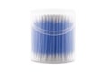 Plastic container with cotton swabs on white background Royalty Free Stock Photo