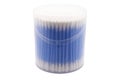 Plastic container with cotton swabs on white background Royalty Free Stock Photo