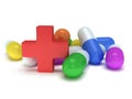 Medical cross and pale of pills 3d