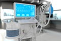 Medical 3D illustration, ICU artificial lung ventilator with fictive design in bright clinic with bokeh - stop covid-19 concept Royalty Free Stock Photo