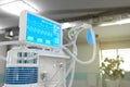 Medical 3D illustration, ICU artificial lung ventilator with fictive design in therapy clinic with bokeh - heal 2019-ncov concept Royalty Free Stock Photo