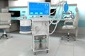 Medical 3D illustration, ICU artificial lung ventilator with fictive design in therapy clinic with selective focus - stop corona