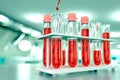 Medical 3D illustration, lab test-tubes vials in college office - blood sample dna test for virus eg coronavirus concept with