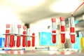 Medical 3D illustration, laboratory test tubes vials in university clinic - blood sample dna test for virus eg coronavirus Royalty Free Stock Photo