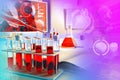 Test-tubes in medical office - blood dna test for chloride or cholesterol, medical 3D illustration with creative gradient overlay