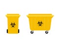 Biohazard bin and dumpster set. Yellow garbage basket and container with biohazard symbol. Royalty Free Stock Photo