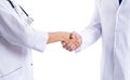 medical deal between two doctor isolated on white. promotion deal. doctor handshake with nurse. healthcare insurance Royalty Free Stock Photo