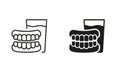 Medical Dental Prosthetic Silhouette and Line Icon Set. Denture with Glass of Water. Human False Tooth Pictogram