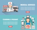 Medical design flat banners set. Medical services with hospital, ambulance and doctor icon. Examining a pregnant icon Royalty Free Stock Photo