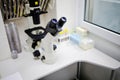 Medical Development Laboratory: Microscope in Advanced Pharma Lab Royalty Free Stock Photo