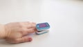 Medical device for hypoxia. A woman`s finger in a pulse oximeter