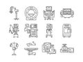 Medical devices line black icons set. MRI, anesthesia machine, syringe pump, dropper, defibrillator, Signs for web page, mobile Royalty Free Stock Photo