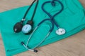 Medical devices stethoscope, tonometer on medical uniform