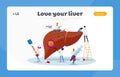 Medical Diagnosis Hepatitis B, Cirrhosis Landing Page Template. Tiny Doctor Characters Care of Patient Diseased Liver Royalty Free Stock Photo