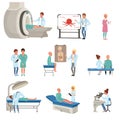 Medical diagnostic and treatment of cancer set, doctors, patients and equipment for oncology medicine vector Royalty Free Stock Photo