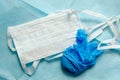 Medical disposable mask and blue gloves on a non-woven material for the manufacture of medical clothing Royalty Free Stock Photo