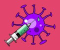 Medical disposable syringe filled with vaccine and virus cell cartoon style isolated vector illustration