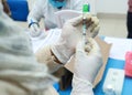 a medical doctor drawing vaccine from a vial in a syringe in a gloved hand with selective focus on vaccine Royalty Free Stock Photo