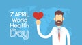 Medical Doctor Hold Red Heart Shape Over World Map Health Day National April Holiday