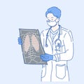 Medical doctor looking at a x-ray image in the hospital. Concept of health care. Hand drawn in thin line style.