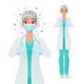 Medical doctor in mask, gloves, coat and scrubs showing thumbs up. Protection from coronavirus. Vector illustration.