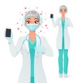 Medical doctor in mask showing blank smartphone screen with thumb up. Isolated vector illustration. Royalty Free Stock Photo