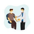 Medical doctor measuring blood pressure of male patient with red background vector illustration.