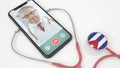 Doctor`s video call on the phone and stethoscope bell with the Cuban flag. Telemedicine in Cuba. 3D rendering