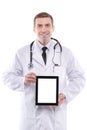 Medical doctor showing digital tablet pc with blank screen. Royalty Free Stock Photo