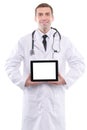 Medical doctor showing digital tablet pc with blank screen. Royalty Free Stock Photo