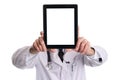 Medical doctor showing digital tablet pc with blank screen. Royalty Free Stock Photo