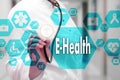 Medical Doctor with stethoscope and E-Health word in Medical net