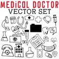 Medical Doctor Vector Set with hats, shots, prescriptions, beakers, vials, medical kits, hospitals, phones, and stethoscopes..