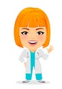 Medical doctor woman saying hello. Funny cartoon character with big head.