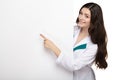 Medical doctor woman smile hold blank card board Royalty Free Stock Photo