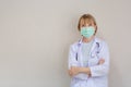 Medical doctors are looking at camera and smiling while standing with arms crossed in hospital, Female doctor wearing protection Royalty Free Stock Photo