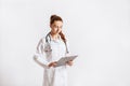 Medical documents. Doctor with stethoscope at hospital. Girl with folder. Nurse hold patient medical chart. Information data.