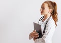 Medical documents. Doctor with stethoscope at hospital. Girl with folder. Nurse hold patient medical chart. Information data. Royalty Free Stock Photo