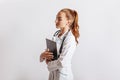 Medical documents. Doctor with stethoscope at hospital. Girl with folder. Nurse hold patient medical chart. Information data. Royalty Free Stock Photo