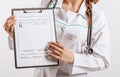 Medical documents. Doctor with stethoscope at hospital. Girl with folder. Nurse hold patient medical chart. Information data.