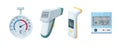 Medical domestic meteorology thermometer. Mercury and electronic thermometer for temperature measurement. Temperature scale