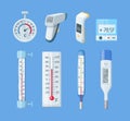 Medical domestic meteorology thermometer. Mercury and electronic thermometer for temperature measurement. Temperature scale for