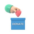 Medical donation concept.3d illustration flat line design. Donor day. Give life. Manâs hand places small heart in donation slot