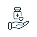 Medical Donation Linear Icon. Humanitarian Aid for Needy, Poor, Homeless and Sick. Hand Line Icon and Medical Supplies