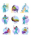 Medical donation. People helping other blood donation patient sitting on sofa garish vector illustrations collection Royalty Free Stock Photo