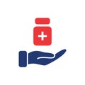 Medical Donation Silhouette Icon. Humanitarian Aid for Needy, Poor, Homeless and Sick. Hand Icon and Medical Supplies