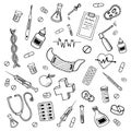 Medical doodles. Hand drawn medicine icon set. Healthcare sketched collection, pharmacy icons. Cartoon doodle objects Royalty Free Stock Photo