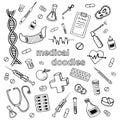 Medical doodles. Hand drawn medicine icon set. Healthcare sketched collection, pharmacy icons. Cartoon doodle objects Royalty Free Stock Photo