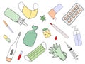 Medical doodles. Hand drawn medicine icon set. Royalty Free Stock Photo