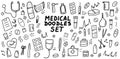 Medical doodles icon set. Hand drawn lines health care concepts, pharmacy, medicine cartoon icons collection. Vector illustration Royalty Free Stock Photo